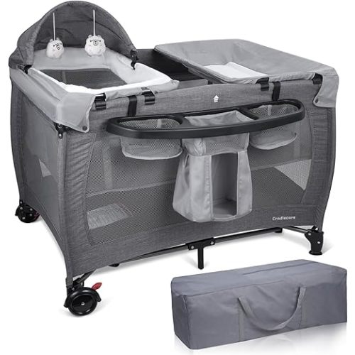 5 in 1 Pack and Play with Bassinet & Changing Table, Portable Foldable Playpen for Babies and Toddlers with Locking Wheels & Diaper Storage, Easy Fold Travel Playard (Grey)