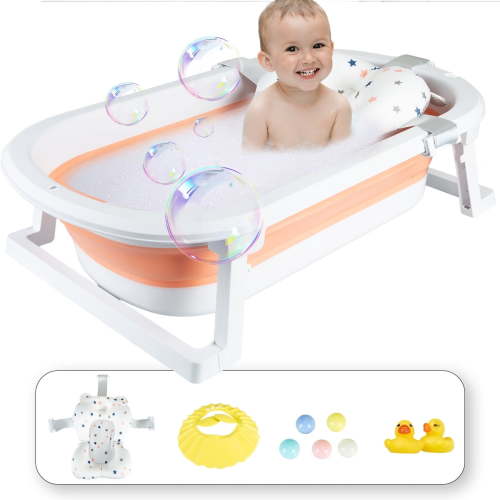 ANJORALA Foldable Baby Bath Tub with Toys, Portable Newborn Infant Bathtub, Pink+Floating Mat