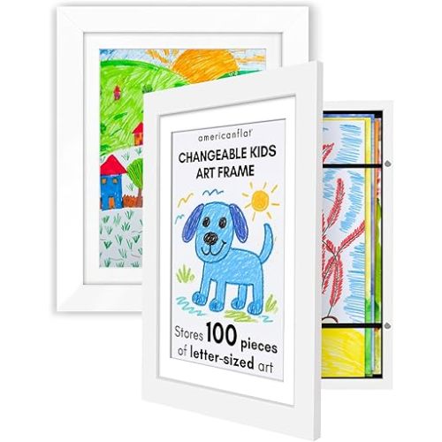 Kids Artwork Frame Changeable (White) - Magnetic Door Holds 100 Art Pieces - 8.5x11 Letter Size Display with Mat or 10x12.5 Without Mat - My Mini Masterpiece (Set of 2)