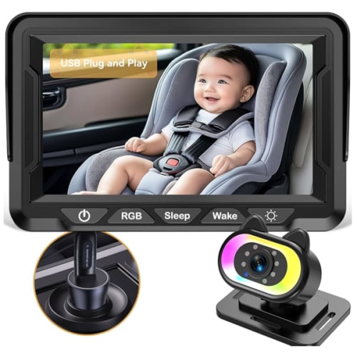 Baby Car Camera HD 1080P - 150° Wide Angle, Night Vision, Adjustable View, LED Lights, Easy Installation, Infant Safety, Rear Seat Monitoring for Car Travel