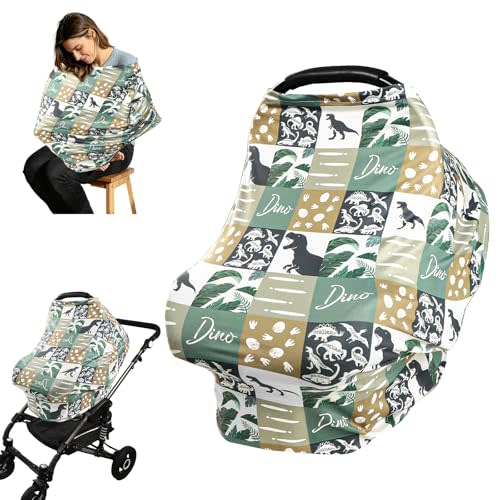 Dinosaur Car Seat Cover for Baby Boys, Multi Use Car Seat Cover Used for Breastfeeding, Strollers, High Chairs, and Shopping carts, Soft and Breathable Baby Car Seat Canopy