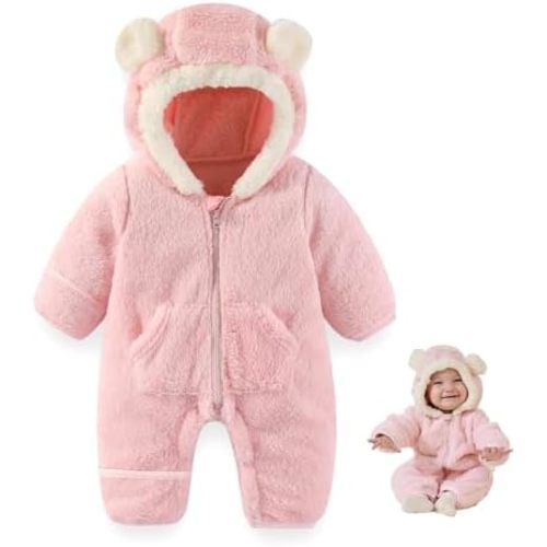 Newborn Baby Bear Outfit Suit With Fold-Over Mittens Footies Girls Boys Winter Fleece Clothes Hooded Romper Snowsuit