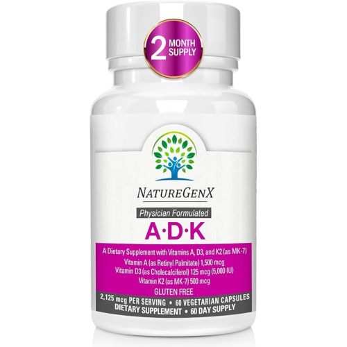 ADK Vitamin Supplement 5000 IU - High Potency Vitamins A, D3, and K2 for Bone Health and Calcium Absorption | Gluten-Free Vitamin ADK Supplement, 60 Day Supply, 60 Capsules