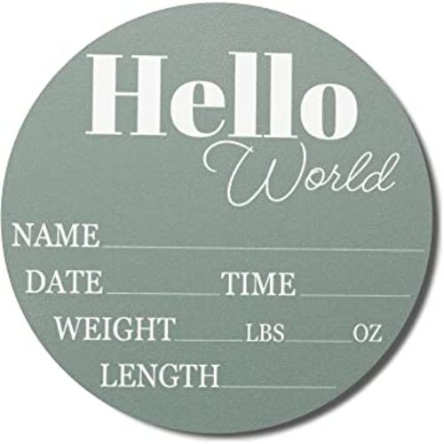 Hickory Hollow Designs - Baby Announcement Sign for Newborn Boys and Girls (Color Bases) - Hello World Nursery Decor Sign & Photo Prop for Babies Made of Birch Wood - 6" Circle Board (Sage)