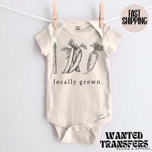 Locally Grown Vegetable Pregnancy Announcement Onesie®, New Baby Bodysuit, Reveal Pregnancy Announcement, Cute, Trendy Bodysuit