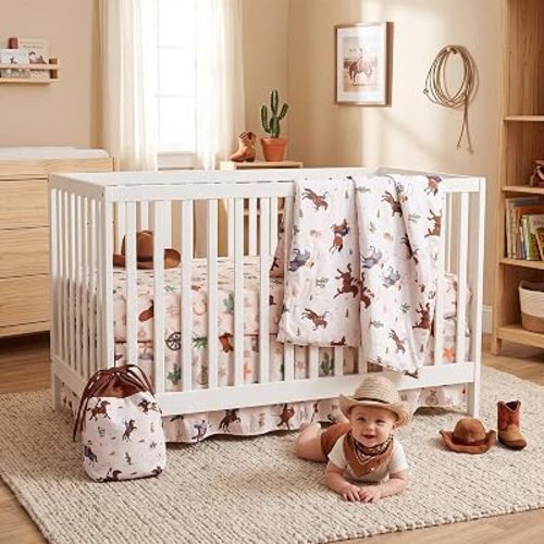 Hahafelt 4 Pieces Crib Bedding Set for Girls and Boys, Soft Baby Bedding Set Including Crib Skirt, Comforter, Sheet and Diaper Stacker for Nursery(Pink Bow)