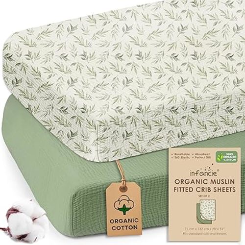 100% Organic Cotton Muslin Crib Sheets Set of 2 – Soft & Breathable Fitted Sheets for Boys and Girls, Neutral Colors – Fits Standard Baby Crib Mattress 28 x 52 Inches Green/Floral, Crib Sheet