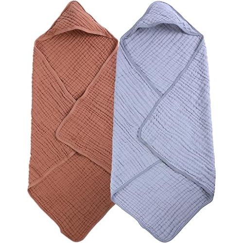 Newborn Hooded Towels 2-Pack, 100% Cotton Plain Weave Muslin Baby Bath Towels, Soft & Absorbent, 32x32 Inches (Sand Red + Milan)