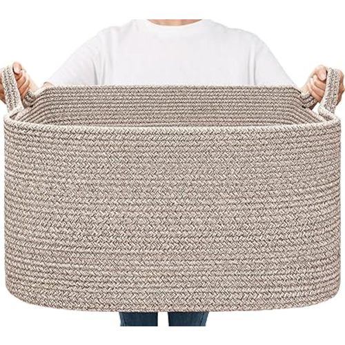Goodpick Large Woven Storage Basket, 21.6" x 14.9" x 11.8" Blanket Basket for Living Room, Bedroom, Rectangle Rope Storage Organizer for Clothes, Toys, Brown