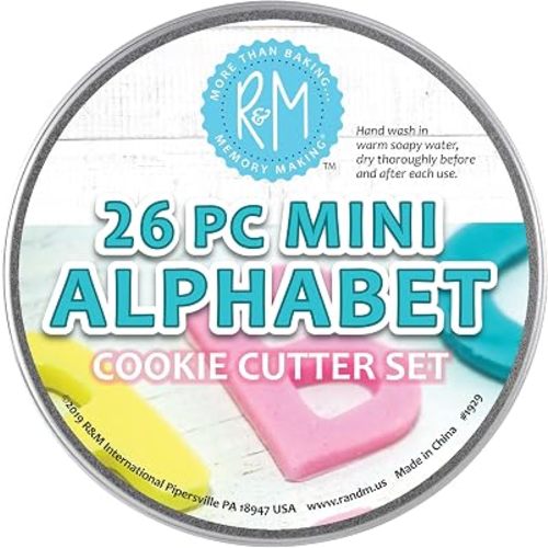 R&M Mini Alphabet 26-Piece Cookie Cutter Set – 1" A-Z Steel Letter Cutters in Storage Tin for Cookies, Crafts, & Fondant