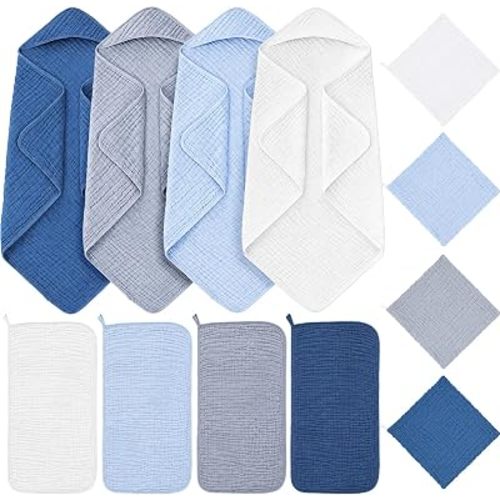 12 Pcs Muslin Hooded Baby Bath Towel Set, Light Blue Series