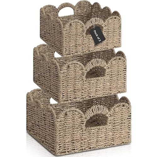 Elegant Scalloped Wicker Basket Set with Handles | Handwoven Seagrass Baskets for Nursery, Bathroom, and Living Room Decor Scalloped Edge Basket Shelf Decorative (Sea Grass)