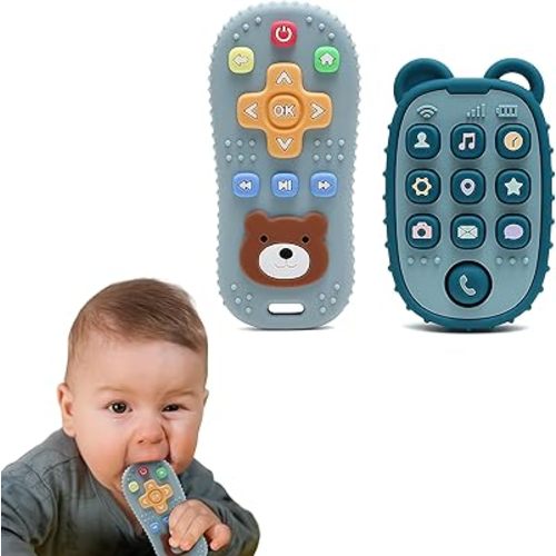 2-Pack Silicone Teethers – Remote Control & Phone Teething Toys with Popper Buttons, BPA-Free, CPC Certified Baby Essentials for Infants & Toddlers (Remote/Phone - Blue/Dark Blue)