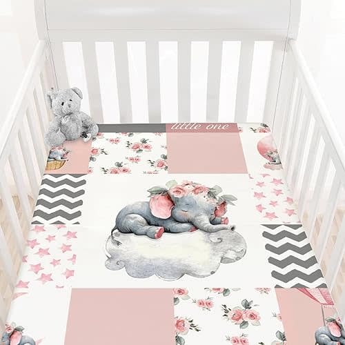 HawSkgFub Pink Sleeping Elephant Flower Fitted Standard Crib Sheet for Baby Girl, Dream Big Little One Patchwork Toddler Mattress Cover, Soft Stretchy Nursery Bed Sheets Decor Kids Gift 52" x 28"