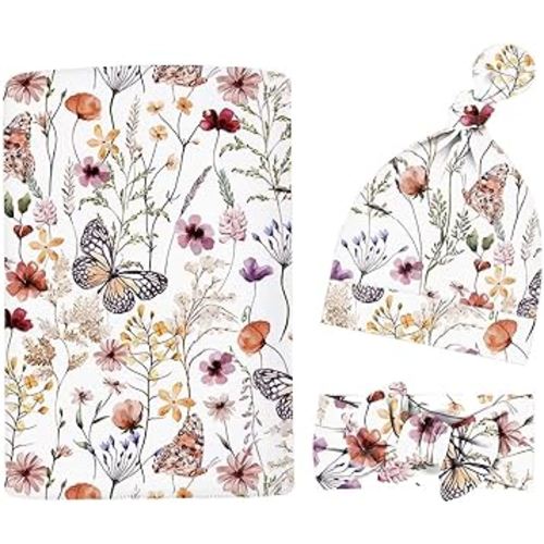 Newborn Swaddle Set with Matching Headband Hat and Bow Set Floral Baby Girl Newborn Receiving Blankets Baby Swaddle Nursery Wildflower Baby Blanket