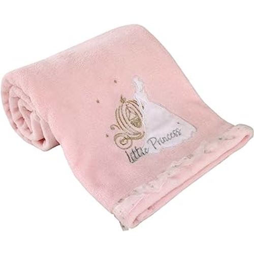 Disney Princess Enchanting Dreams Pink Cinderella Applique and Embroidered Super Soft Baby Blanket with a Silver Sparkle Organza Trim