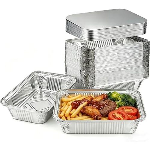 Aluminum Pans with Lids (60 Pack, 8.5"×6") 2.25 LB Capacity Foil Pans with Lids - 60 Pans and 60 Cardboard Covers - Disposable Food Containers Tin Foil Pans for Baking, Meal Prep,Storage and Freezer