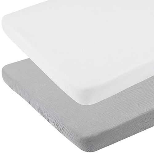 Onacosht Muslin Bassinet Sheets 33" x 19" Compatible with Mika Micky, KoolaBaby (3 in 1), BabyBond, HARPPA and RICUTON Bedside Bassinet, 2 Pack for Baby Boy and Girl, White and Grey