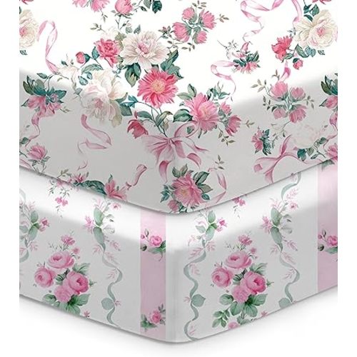 TotChill Baby Crib Sheets for Standard Crib Mattress - Pink Roses Pattern, Breathable and Soft, Safe and Snug, Fits 28''x52''x9'' Deep Pocket