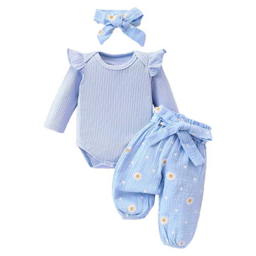 Karoyedx Baby Clothes Girl Baby Girl Clothes Set Little Girl Ruffle Romper Top Pants Newborn Infant Baby Girl Outfit Sky Blue Size,12-18 Months