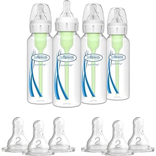 Dr. Brown's Options+ Anti-Colic Baby Bottle - 8oz - 4 Pack and Dr. Brown's Original Nipple, Level 2 (3m+), 6 Count