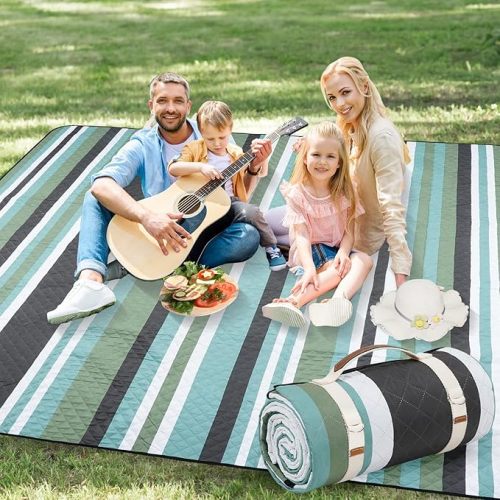 Picnic Blankets Outdoor Extra Large - 80"x80" Waterproof Beach Blanket, Machine Washable 3-Layer Foldable Park Mat with Sandproof Backing for Grass, Hiking, Travel, Concerts, Indoor (OliveStrip)