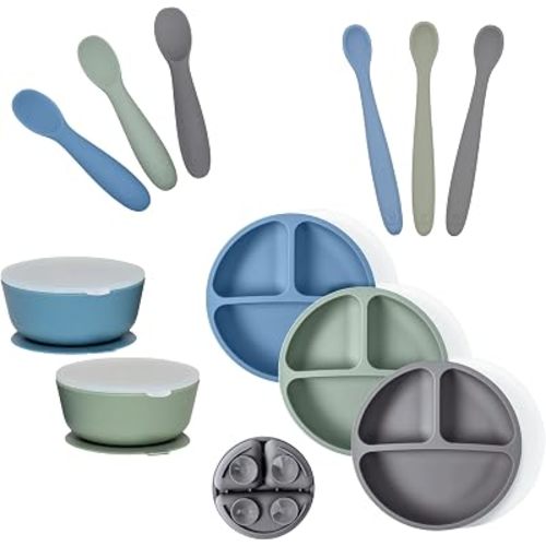 WeeSprout Silicone Mealtime Essentials Bundle | Ages 4+ Months | Suction Plates, Suction Bowls, Self-Feeding & Infant Feeding Spoons