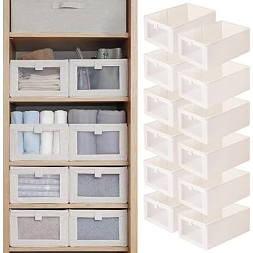 Linen Closet Organizers And Storage, 12 Pack Closet Storage Bins Linen Closet Baskets for Closet Organization Foldable Closet Organizer Bins with Clear Window For Organizing Clothing, Jeans, Shelves