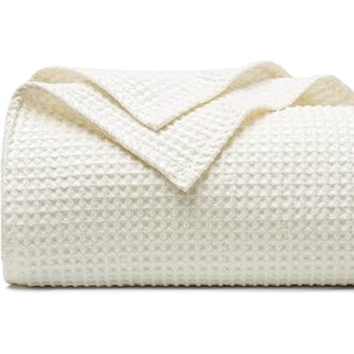 PHF 100% Cotton Waffle Weave Blanket Twin Size 66"x90"-Lightweight Washed Soft Breathable Blanket Perfect for Summer-Great Blanket Layer for Couch Bed Sofa -Elegant Home Decoration - Cream