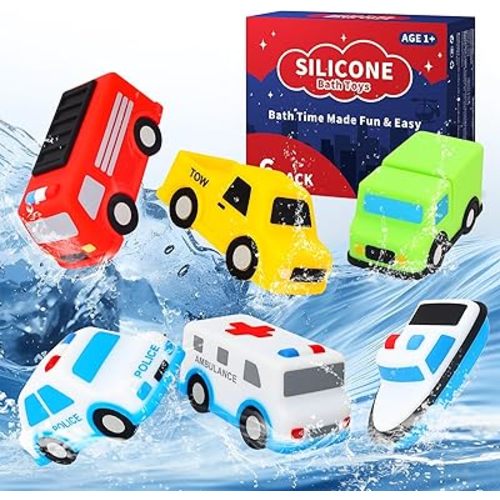 Silicone Cars Bath Toys for Baby, 6 Pack No Hole Bath Vehicles Toys Play Set