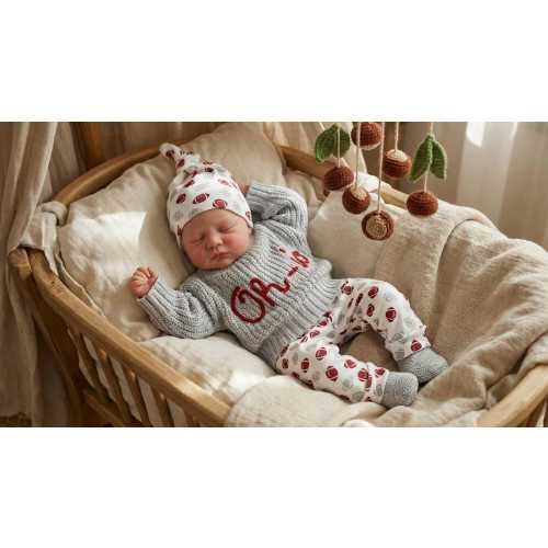 Embroidered Ohio State Newborn Baby Outfit: Sweater, Knit Booties, Scarlet & Gray Buckeye Football Set