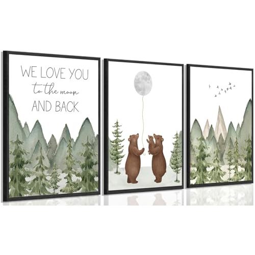 3Pcs Baby Bear Nursery Wall Art Woodland Brown Bear Wall Decor Picture Mountain Nursery Print Love You To The Moon And Back painting Artwork for Boy Girl Newborn Home Decor 12x16in Poster
