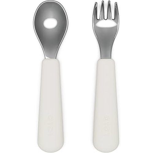 Lalo Utensils - Toddler Fork and Spoon Set - Stainless Steel and Silicone Ergonomic Toddler Utensils - Children Safe Flatware Set - 2 Pieces - Oatmeal