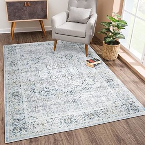 Bloom Rugs Washable Non-Slip 3' x 5' Rug - Cream/Light Blue/Teal Traditional Medallion Area Rug for Living Room, Bedroom, Dining Room, and Kitchen - Exact Size: 3' x 5'