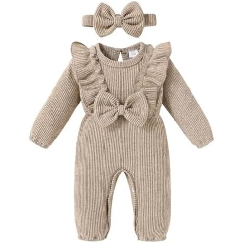 Happy Town Baby Girl Romper Infant Fall Winter Clothes Ruffle Sweater Long Sleeve Bodysuit Jumpsuit and Headband
