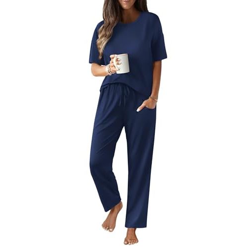 JiniGolla Women's Pajamas Sets Soft Short Sleeve Top and Long Pants 2 Piece Loungwear with Pocket