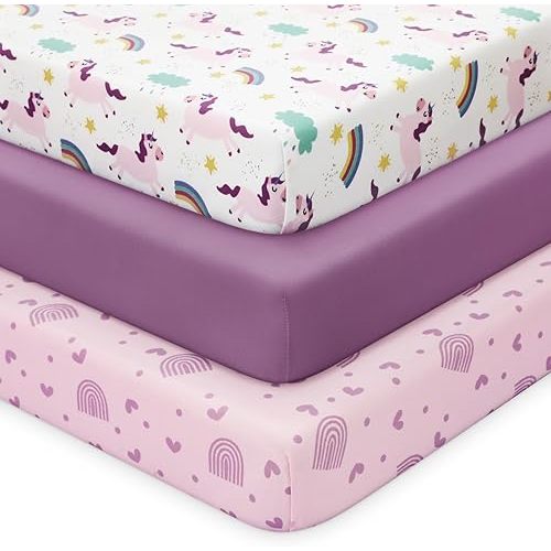 Looxii Baby Crib Sheets for Girls, 3 Pack Fitted Crib Sheet for Standard Crib and Toddler Mattress, Ultra Soft Breathable Microfiber Baby Sheet 52x28x8in