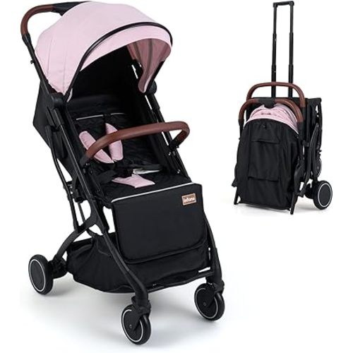 INFANS Travel Stroller, Lightweight Compact Baby Stroller for Airplane with One-Hand Fold, Multi-Position Recline, Canopy, 4 Wheel Suspension, Storage Basket (Pink+Black)