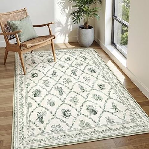 Floral Washable Living Room Rugs, 5x7 Green Area Rugs for Bedroom Nursery, Ultra-Thin Soft Non-Slip Stain Resistant Boho Cute Animal Print Throw Carpet for Kids Playroom Office,Olive Green