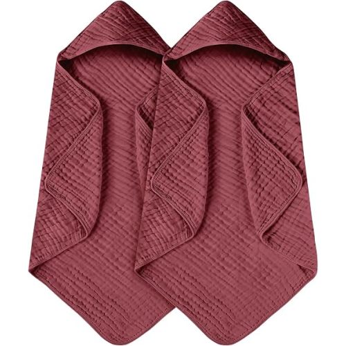 Hooded Baby Bath Towel 2pcs - 100% Cotton, Super Absorbent & Soft Swaddle, Gentle Bath Towel with Hood for Infants 0-3 Years - Machine Wash Baby Care Essentials (Red)