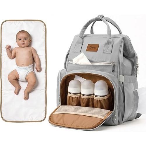 Large Diaper Bag for Mom: 27 Liters with Changing pad - Insulated Lightweight Travel Backpack for Organizing Baby Boy & Girl Essentials - Grey