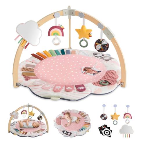 Blissful Diary Baby Play Gym & Activity Mat, 5 Developmental Zones Wooden Tummy Time Mat with 5 Detachable Sensory Toys for Motor Skills & Sensory Development, Baby Essentials Shower Gift, Pink Flower