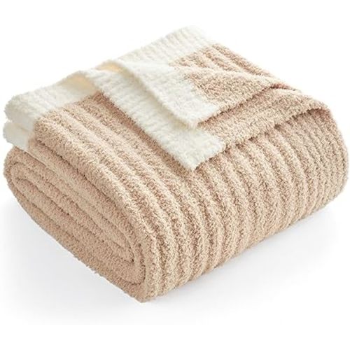 Snuggle Sac Fluffy Ribbed Beige Blanket Twin Size, Soft Luxurious Knit Fuzzy Plush Microfiber Blankets for Sofa, Bed, Beige, 60x80 inches
