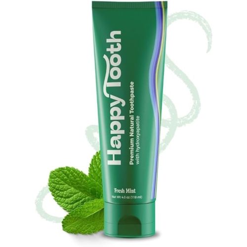 Happy Tooth Hydroxyapatite Toothpaste, Fluoride Free, Remineralizing, Natural Whitening for Toddlers and Adults, Non Toxic, SLS Free, Enamel Safe, Dentist Formulated, Fresh Mint Flavor, 4.0 oz