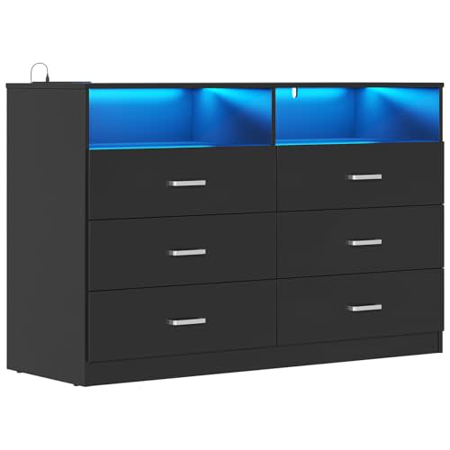 Bigbiglife Dresser for Bedroom, 6 Drawer Dresser with Charging Station and Led Light, Modern Chest of Drawers for Bedroom, Living Room,Black