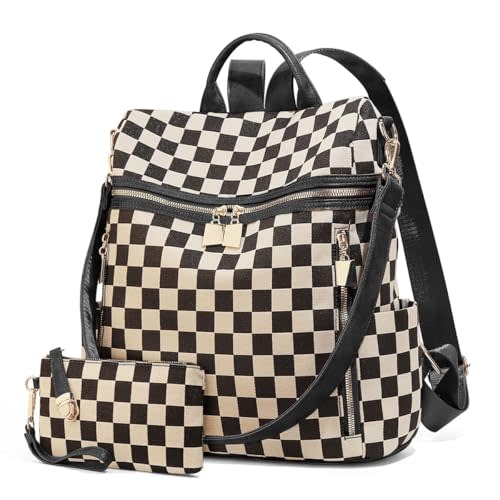 Checkered Backpack Purse - Checkered Bags for Women Plaid Backpack Handbags Back Pack Purse for Work (Black)