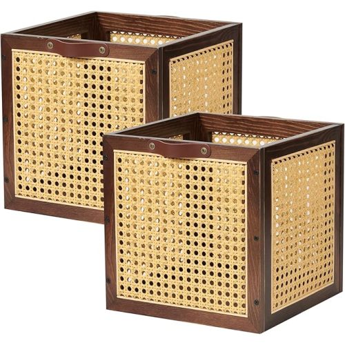 2PCS Rattan Storage Cubes Decorative Handmade Wooden Basket Box | Clothes Container Closet Shelf Organizer, Books Magazine Holder, Solid Wood Woven Wicker Cane Bins, Natural Bohemian, Walnut