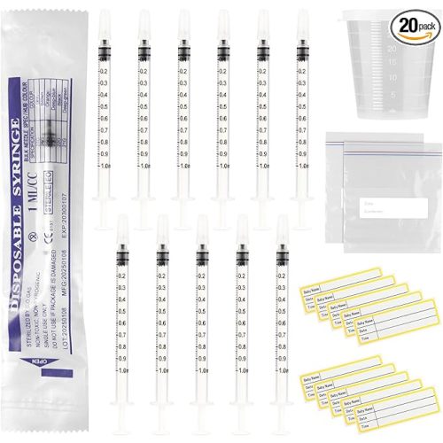 20 Sets 1ml Colostrum Syringes with Caps No Needle Colostrum Collector Kit Include 20pcs 1ml Sterile Syringes, 20 Labels, 2 Storage Bags and 1 Measuring Cup