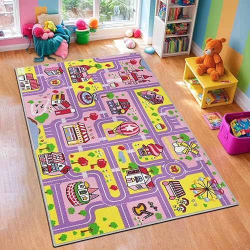 Capslpad Kid Rug for Playroom Purple Play Rug Traffic Road Car Play Mat 5.2x3.3 ft Educational Learning Area Rug Washable Kids Carpet for Children Girls Bedroom,Playroom,Nursery Room Decor