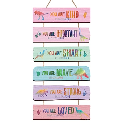 Yookeer Set of 6 Watercolor Dinosaur Wall Art Decors Rustic Wooden Motivational Wall Hanging Plaque Sign Your Are Kind Strong Brave Positive Sign for Home Bedroom Living Room Decorations